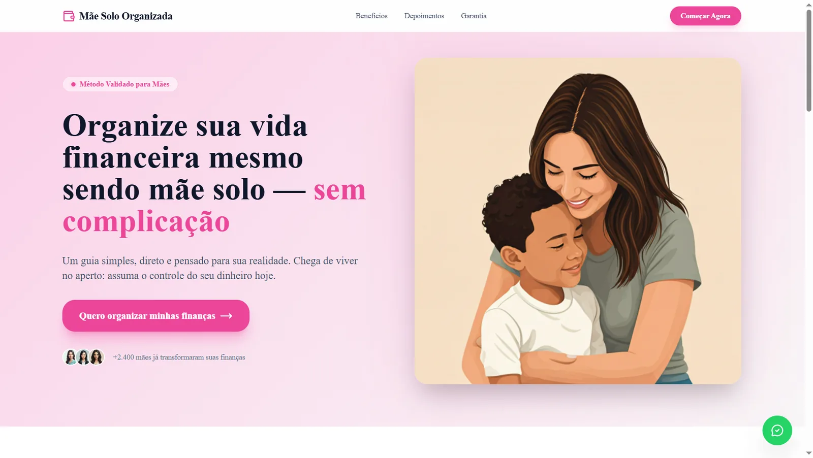 Topo da landing Mãe Solo Organizada com o título “Organize sua vida financeira mesmo sendo mãe solo” e ilustração de mãe abraçando o filho.