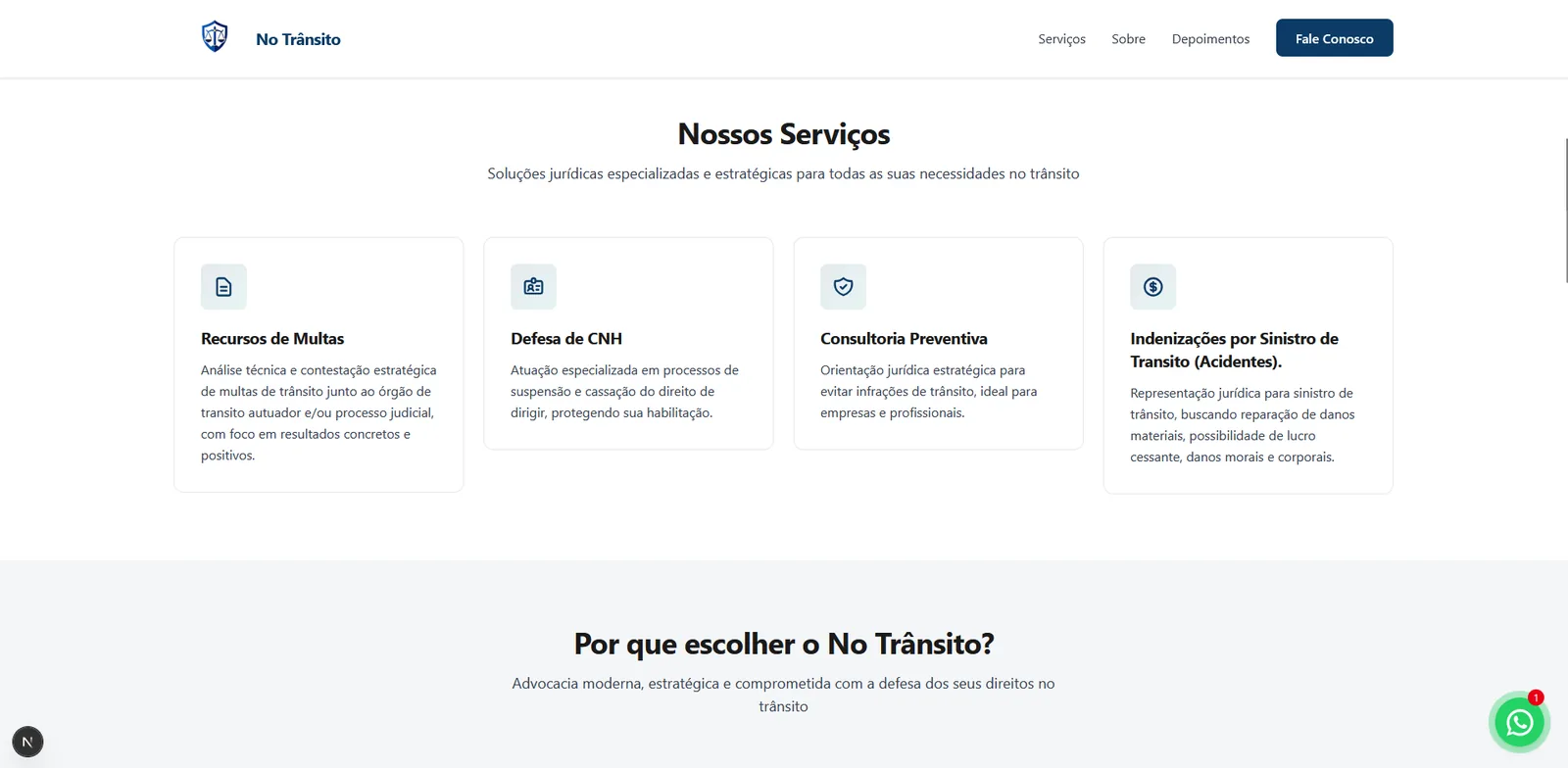 Seção de serviços do site No Trânsito com quatro cards: recursos de multas, defesa de CNH, consultoria preventiva e indenizações.